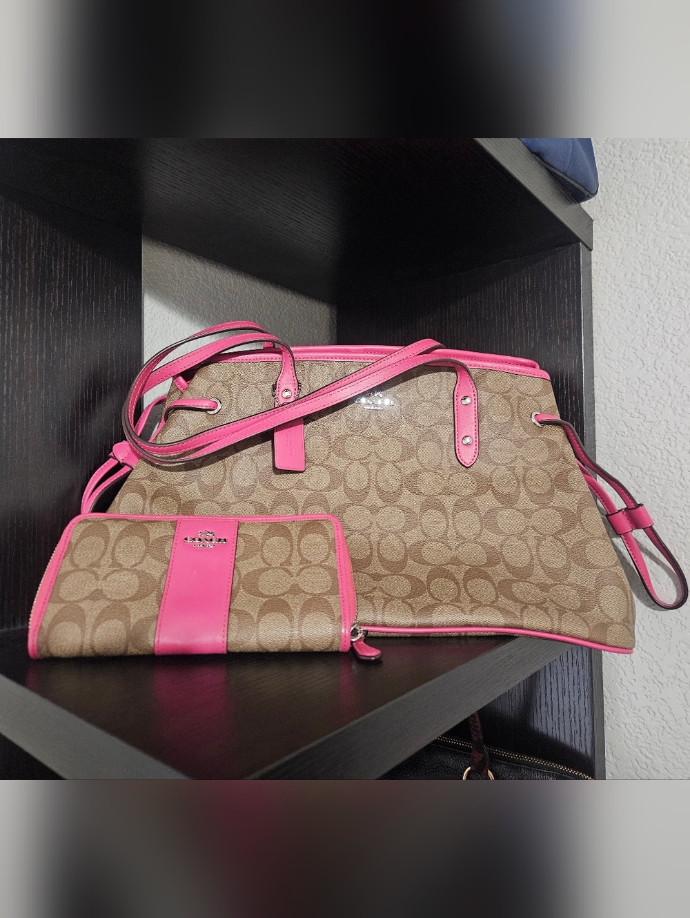 COACH Brown Signature Canvas Tote with Pink Trim and Wallet